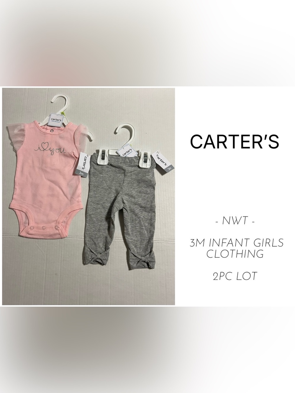 CARTER’S - 3M - NWT - INFANT GIRLS 2PC PINK GREY LOVE ONESIE AND LEGGINGS LOT